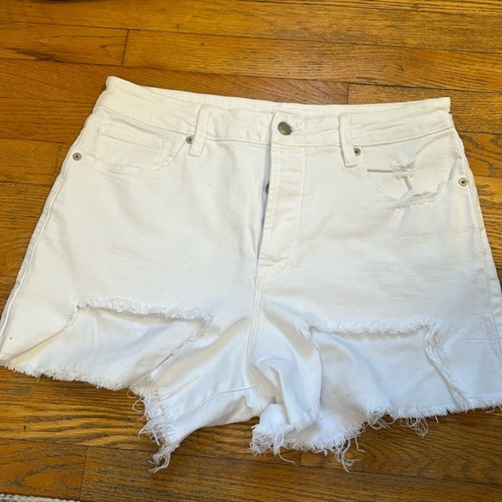 GOOD AMERICAN LIKE NEW white high waisted summer denim jeans shorts size 14